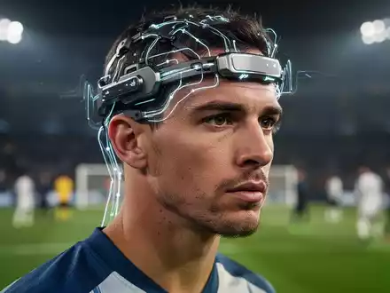 Ein Fußballspieler trägt ein hochmodernes EEG-Gerät auf dem Kopf, das neuronale Aktivität anzeigt, während er sich konzentriert. - Foto: über boerse-global.de
