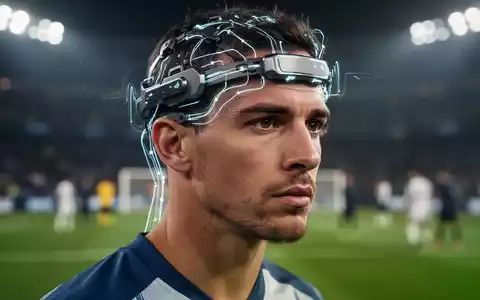 Ein Fußballspieler trägt ein hochmodernes EEG-Gerät auf dem Kopf, das neuronale Aktivität anzeigt, während er sich konzentriert. - Foto: über boerse-global.de