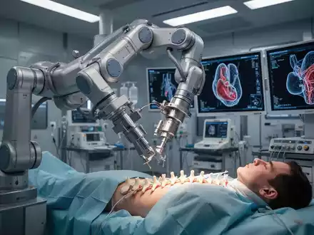 Ein futuristischer Operationssaal mit einem Roboterarm, der präzise über der Wirbelsäule eines Patienten positioniert ist. - Foto: über boerse-global.de