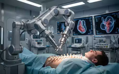 Ein futuristischer Operationssaal mit einem Roboterarm, der präzise über der Wirbelsäule eines Patienten positioniert ist. - Foto: über boerse-global.de