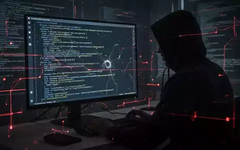 Verschattete Gestalt am Computer, Codezeilen mit versteckten Anomalien, digitale Überwachung. - Foto: über boerse-global.de