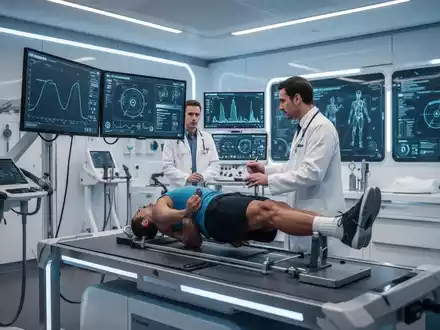 Ein Athlet auf einem Laufband in einer modernen Sportklinik in Zürich, umgeben von Diagnosegeräten und medizinischem Personal. - Foto: über boerse-global.de
