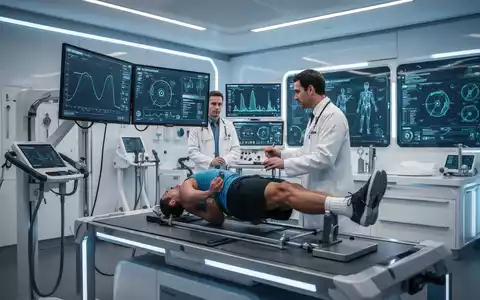 Ein Athlet auf einem Laufband in einer modernen Sportklinik in Zürich, umgeben von Diagnosegeräten und medizinischem Personal. - Foto: über boerse-global.de
