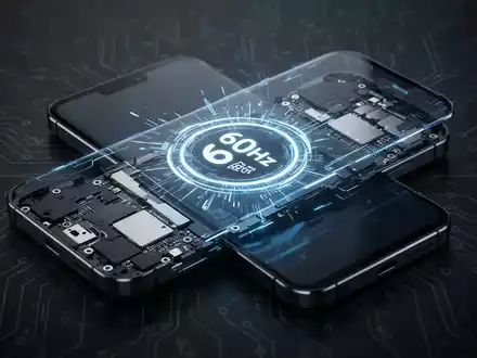 Nahaufnahme eines modernen Smartphones mit leuchtendem Bildschirm, der eine 60-Hz-Bildwiederholrate zeigt, vor dunklem, futuristischem Hintergrund. - Foto: über boerse-global.de