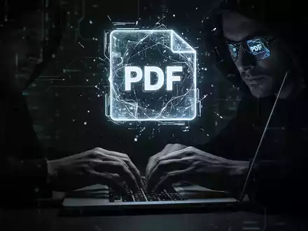 Hände tippen auf Laptop, bedrohliches PDF-Symbol schwebt darüber, spiegelt sich in Brille. - Foto: über boerse-global.de