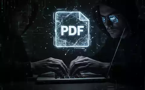 Hände tippen auf Laptop, bedrohliches PDF-Symbol schwebt darüber, spiegelt sich in Brille. - Foto: über boerse-global.de