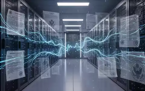 Zukunftssicherer Serverraum mit blauen Datenströmen, Symbol für KI-Entwicklung und Regulierungsaufsicht. - Foto: über boerse-global.de