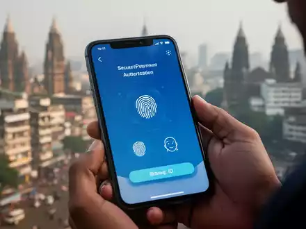 Ein Smartphone mit sicherem Zahlungsbildschirm und biometrischen Symbolen, gehalten von einer Person, mit unscharfer indischer Stadtsilhouette im Hintergrund. - Foto: über boerse-global.de