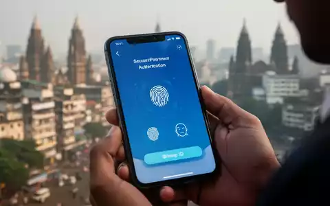 Ein Smartphone mit sicherem Zahlungsbildschirm und biometrischen Symbolen, gehalten von einer Person, mit unscharfer indischer Stadtsilhouette im Hintergrund. - Foto: über boerse-global.de