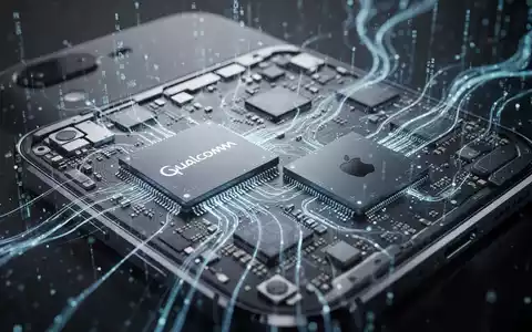 Nahaufnahme eines Smartphone-Logikboards mit Qualcomm-Modem und Apple-Chip, digitale Datenüberlagerungen. - Foto: über boerse-global.de