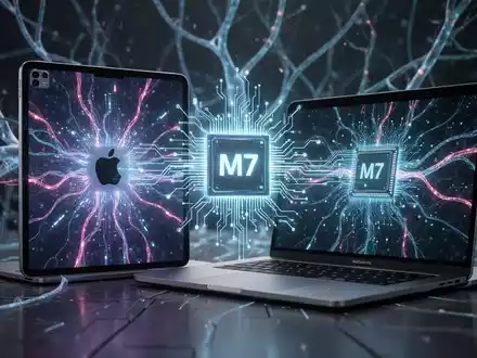 Schlankes, futuristisches Apple iPad Pro und MacBook Pro mit schwebendem, leuchtendem M7-Chip-Diagramm, das fortschrittliche Technologie repräsentiert. - Foto: über boerse-global.de