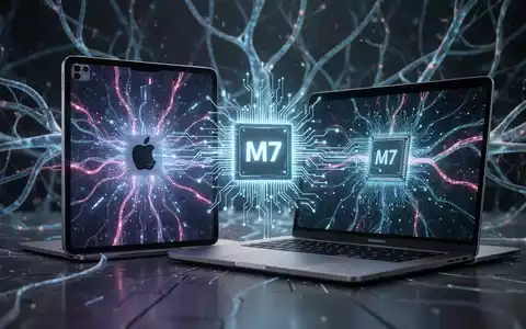 Schlankes, futuristisches Apple iPad Pro und MacBook Pro mit schwebendem, leuchtendem M7-Chip-Diagramm, das fortschrittliche Technologie repräsentiert. - Foto: über boerse-global.de
