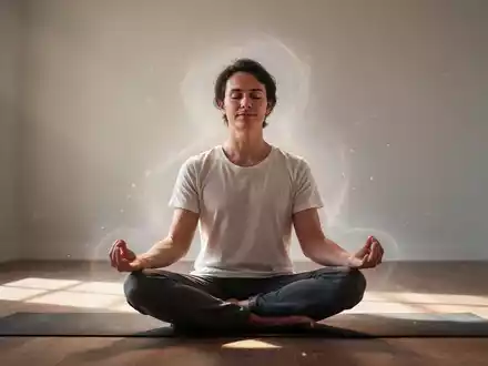Eine Person meditiert in einem ruhigen Raum, die Hände in einer Mudra haltend, umgeben von weichem, natürlichem Licht. - Foto: über boerse-global.de
