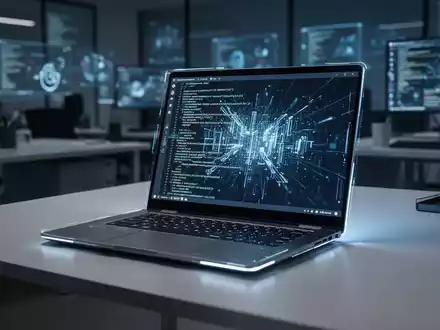 Nahaufnahme eines modernen, dünnen Laptops mit leuchtendem Bildschirm, der abstrakte Daten zeigt, auf einem sauberen Schreibtisch. - Foto: über boerse-global.de