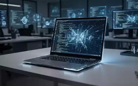 Nahaufnahme eines modernen, dünnen Laptops mit leuchtendem Bildschirm, der abstrakte Daten zeigt, auf einem sauberen Schreibtisch. - Foto: über boerse-global.de