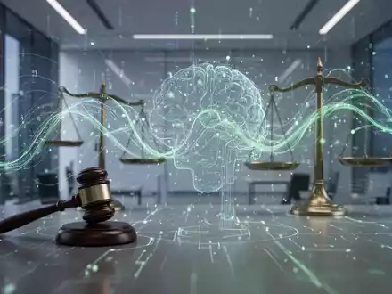 Abstrakte Darstellung von digitalen Datenflüssen und KI, mit integrierten Waagen und Gesetzessymbolen. Blaue und grüne Farbtöne. - Foto: über boerse-global.de