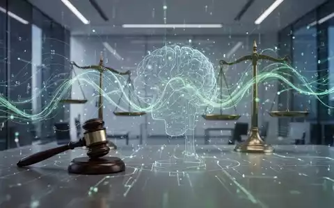 Abstrakte Darstellung von digitalen Datenflüssen und KI, mit integrierten Waagen und Gesetzessymbolen. Blaue und grüne Farbtöne. - Foto: über boerse-global.de