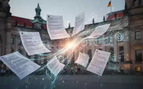 Digitale Dokumente und Daten fließen in eine abstrakte, leuchtende Benutzeroberfläche, die neue Vorschriften und Vereinfachungen für Unternehmensgründungen darstellt. - Foto: über boerse-global.de