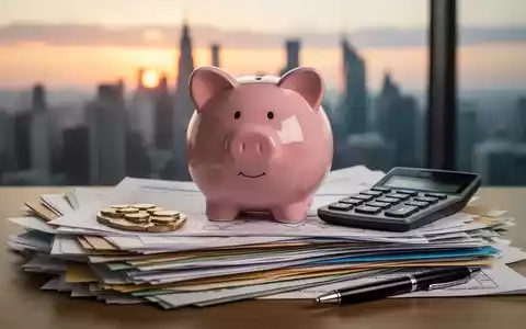 Ein stilisiertes Sparschwein auf Finanzdokumenten, daneben ein Rechner und Stift. Im Hintergrund eine verschwommene Stadt bei Sonnenaufgang. - Foto: über boerse-global.de