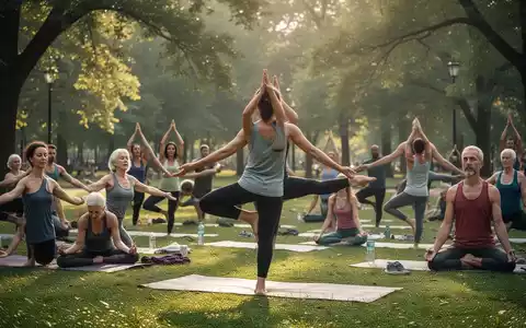 Eine vielfältige Gruppe von Menschen praktiziert Yoga und Meditation in einem ruhigen Park, um Entspannung und Balance zu finden. - Foto: über boerse-global.de