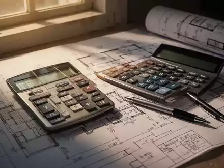 Nahaufnahme von Bauplänen für eine Gebäudesanierung mit einem Taschenrechner und einem Stift, die Finanzplanung und Bauarbeiten symbolisieren. - Foto: über boerse-global.de