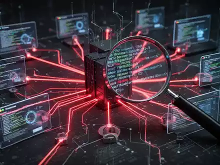 Digitale Illustration: Netzwerk bösartiger Websites (glühend rote Linien) mündet in zentralen Server. Lupe hebt Codezeilen hervor. - Foto: über boerse-global.de