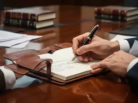 Hände schreiben sorgfältig Notizen in ein Notizbuch auf einem Konferenztisch, um präzise Protokollführung zu symbolisieren. - Foto: über boerse-global.de