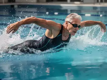 Eine sportliche Person über 50 schwimmt Freistil in einem blauen Schwimmbecken, Wasser spritzt. - Foto: über boerse-global.de
