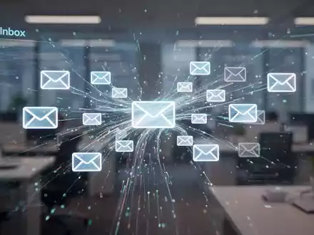 Holografische Projektion eines digitalen Posteingangs, mehrere E-Mail-Symbole verschmelzen zu einem Strom, symbolisiert Kontozusammenführung. - Foto: über boerse-global.de