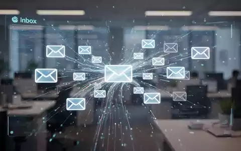 Holografische Projektion eines digitalen Posteingangs, mehrere E-Mail-Symbole verschmelzen zu einem Strom, symbolisiert Kontozusammenführung. - Foto: über boerse-global.de