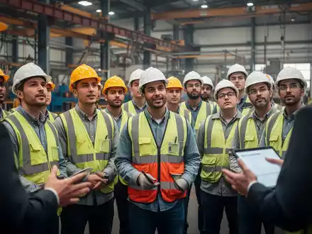 Arbeiter in einer Fabrik nehmen an einer Sicherheitsschulung teil, die die Qualifikation und Beauftragung nach TRBS 1116 betont. - Foto: über boerse-global.de