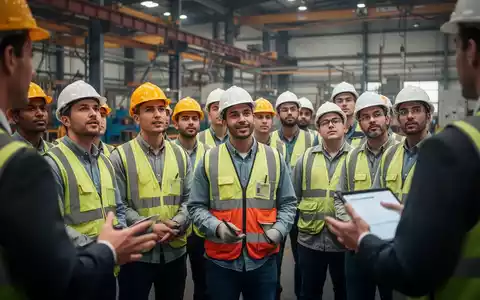 Arbeiter in einer Fabrik nehmen an einer Sicherheitsschulung teil, die die Qualifikation und Beauftragung nach TRBS 1116 betont. - Foto: über boerse-global.de