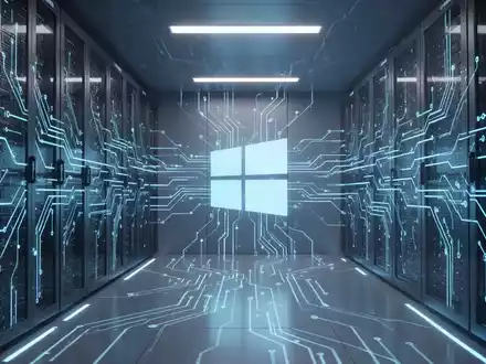 Stilisierter Serverraum mit leuchtend blauen Linien, die Datenfluss und Systemstabilität symbolisieren, mit dezentem Windows-Logo. - Foto: über boerse-global.de