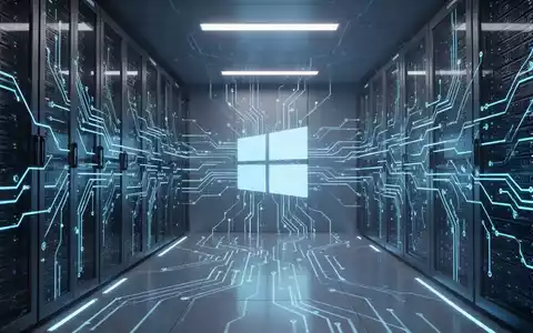 Stilisierter Serverraum mit leuchtend blauen Linien, die Datenfluss und Systemstabilität symbolisieren, mit dezentem Windows-Logo. - Foto: über boerse-global.de