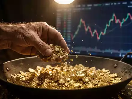 Eine Hand schwenkt Goldflocken in einer Pfanne, mit einem unscharfen Finanzchart im Hintergrund, das Volatilität andeutet. - Foto: über boerse-global.de