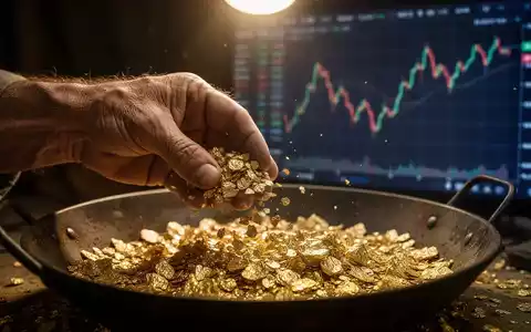 Eine Hand schwenkt Goldflocken in einer Pfanne, mit einem unscharfen Finanzchart im Hintergrund, das Volatilität andeutet. - Foto: über boerse-global.de