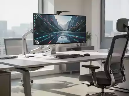 Ein moderner, ergonomischer Bildschirmarbeitsplatz mit einem verstellbaren Monitor, Tastatur und Maus. Fokus auf Komfort und Produktivität. - Foto: über boerse-global.de