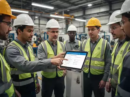 Mitarbeiter in einem modernen Industriebetrieb nehmen an einer Sicherheitsschulung teil, während ein Kollege auf ein Tablet mit einer Checkliste zeigt. - Foto: über boerse-global.de