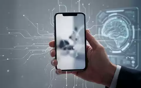 Eine Hand hält ein modernes Smartphone, dessen Bildschirm ein verschwommenes Bild mit subtilen, leuchtenden Linien zeigt, die auf KI-Verarbeitung hinweisen. - Foto: über boerse-global.de