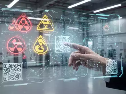 Digitale Schnittstelle zeigt chemische Gefahrensymbole und Daten, mit einer Hand, die einen holografischen Bildschirm in einer Industrieumgebung bedient. - Foto: ĂŒber boerse-global.de