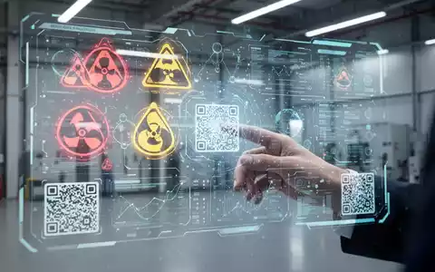 Digitale Schnittstelle zeigt chemische Gefahrensymbole und Daten, mit einer Hand, die einen holografischen Bildschirm in einer Industrieumgebung bedient. - Foto: über boerse-global.de