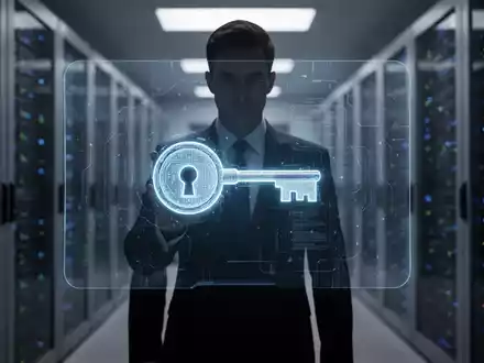 Eine schemenhafte Figur vor einem leuchtenden digitalen Schloss- und Schlüsselsymbol, umgeben von verschwommenen Serverracks, symbolisiert Cybersicherheit und Compliance. - Foto: über boerse-global.de