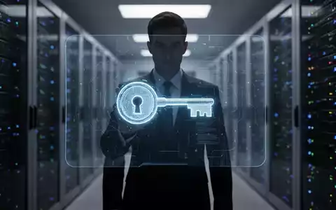 Eine schemenhafte Figur vor einem leuchtenden digitalen Schloss- und Schlüsselsymbol, umgeben von verschwommenen Serverracks, symbolisiert Cybersicherheit und Compliance. - Foto: über boerse-global.de