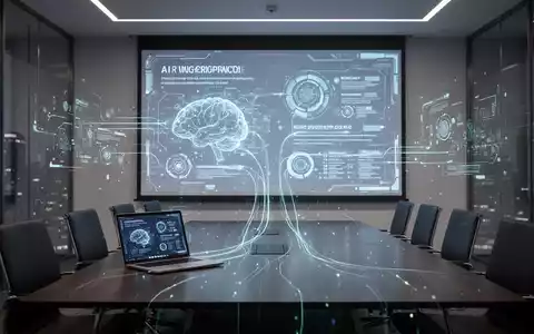 Moderner Konferenzraum mit großem Bildschirm, der eine KI-generierte Unternehmenspräsentation zeigt. - Foto: über boerse-global.de