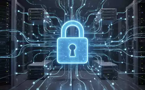Blaues Vorhängeschloss über Servernetzwerk und Datenströmen, symbolisiert Sicherheit und Zugangsprobleme. - Foto: über boerse-global.de