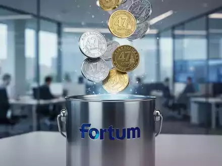 Eine stilisiertes Bild von 47 norwegischen Kronen-Münzen, die in einen Behälter mit der Aufschrift 'Fortum' fallen, vor einem unscharfen Bürohintergrund. - Foto: über boerse-global.de