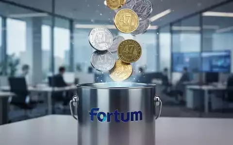 Eine stilisiertes Bild von 47 norwegischen Kronen-Münzen, die in einen Behälter mit der Aufschrift 'Fortum' fallen, vor einem unscharfen Bürohintergrund. - Foto: über boerse-global.de
