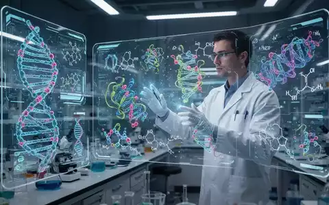 Ein Forscher interagiert mit holografischen Bildschirmen, die wissenschaftliche Daten anzeigen, und symbolisiert die KI-Integration in der Lebenswissenschaftsforschung. - Foto: über boerse-global.de
