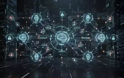 Abstrakte Visualisierung vernetzter KI-Agenten und Datenflüsse in einer digitalen Unternehmensarchitektur mit leuchtenden Knoten und Linien. - Foto: über boerse-global.de