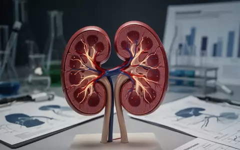 Ein detailliertes Modell einer Niere mit subtil leuchtenden Adern, die verbesserte Filtration symbolisieren, vor verschwommenen wissenschaftlichen Instrumenten. - Foto: über boerse-global.de